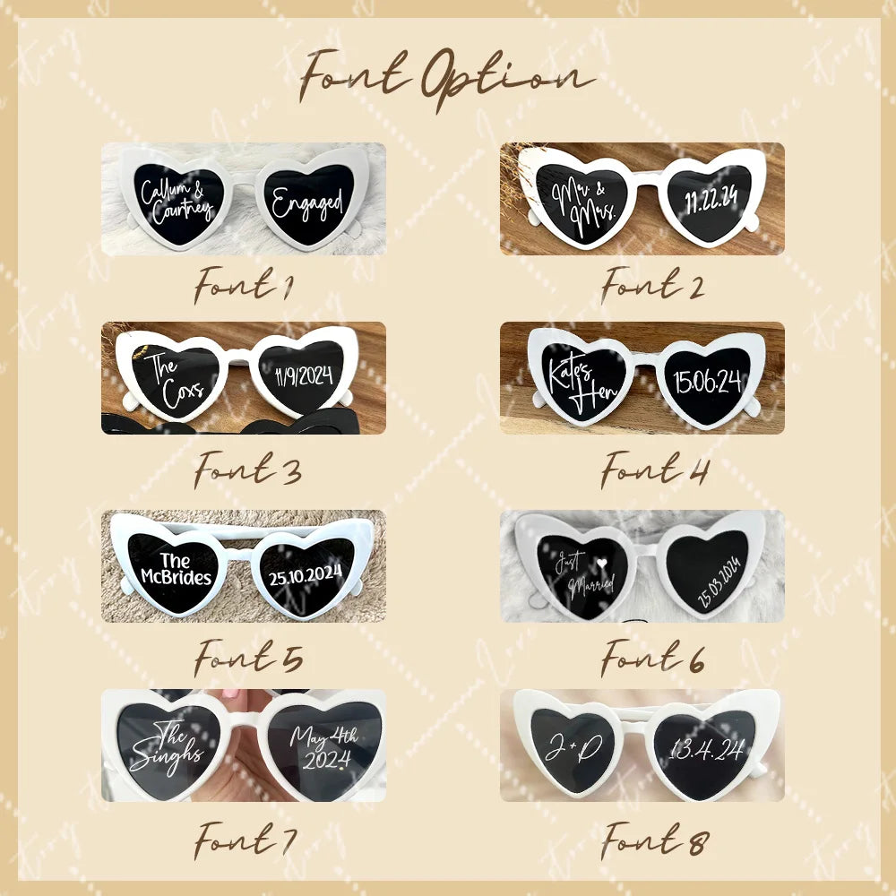 Heart-shaped sunglasses with various font examples on the lenses, showcasing names and dates. Beige background with nine font options labeled from Font 1 to Font 8.