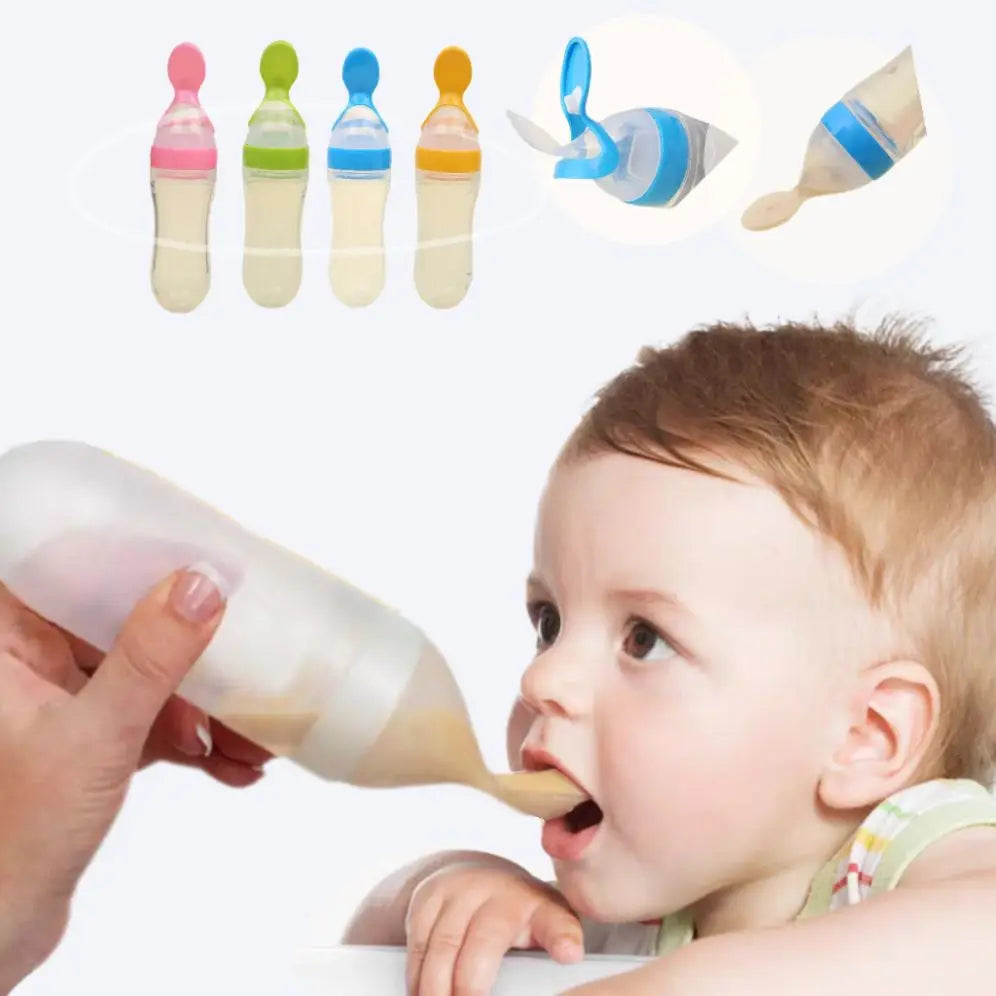A baby being fed with a bottle that has an integrated spoon tip. Above are four colorful bottles showcasing different designs, each with a spoon attachment.