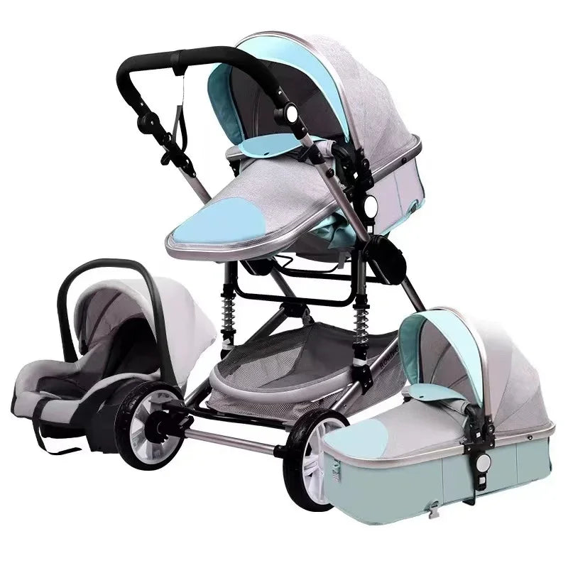 Gray and light blue 3-in-1 baby travel system with stroller, infant car seat, and bassinet. Features adjustable handle and wheels.