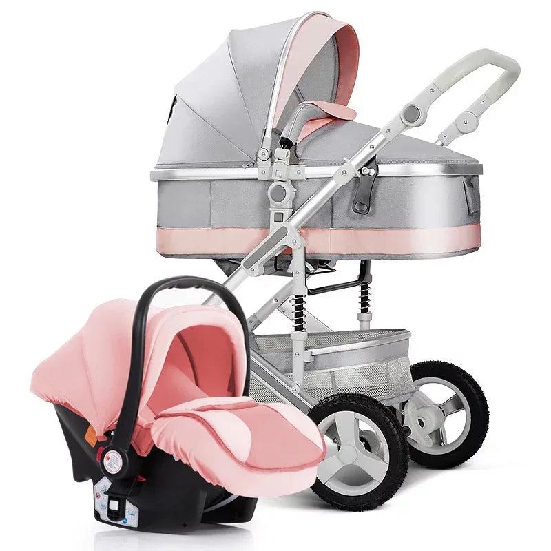 A gray and pink baby stroller with large wheels is paired with a matching pink car seat. Both have a modern design, suitable for infants, with cushioned interiors.
