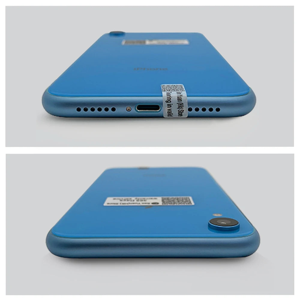 Two angles of a blue smartphone. The top image shows the charging port and speakers, while the bottom highlights the rear camera and a QR code sticker.