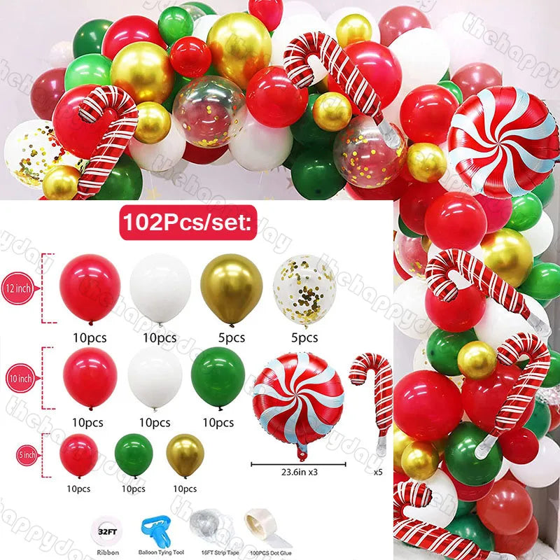 Christmas balloon garland kit with 102 pieces. Includes red, green, white, gold balloons, candy cane foil balloons, ribbon, strip tape, and dot glue for decoration.