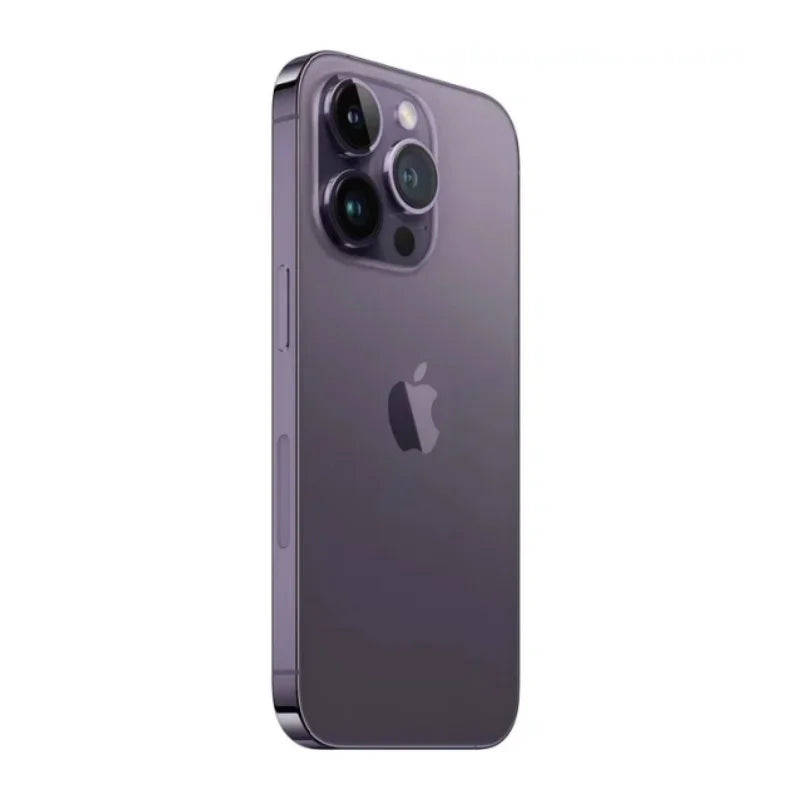 Side view of a sleek, dark purple smartphone with a triple-camera setup and an Apple logo on the back. The device has a metallic frame and curved edges.