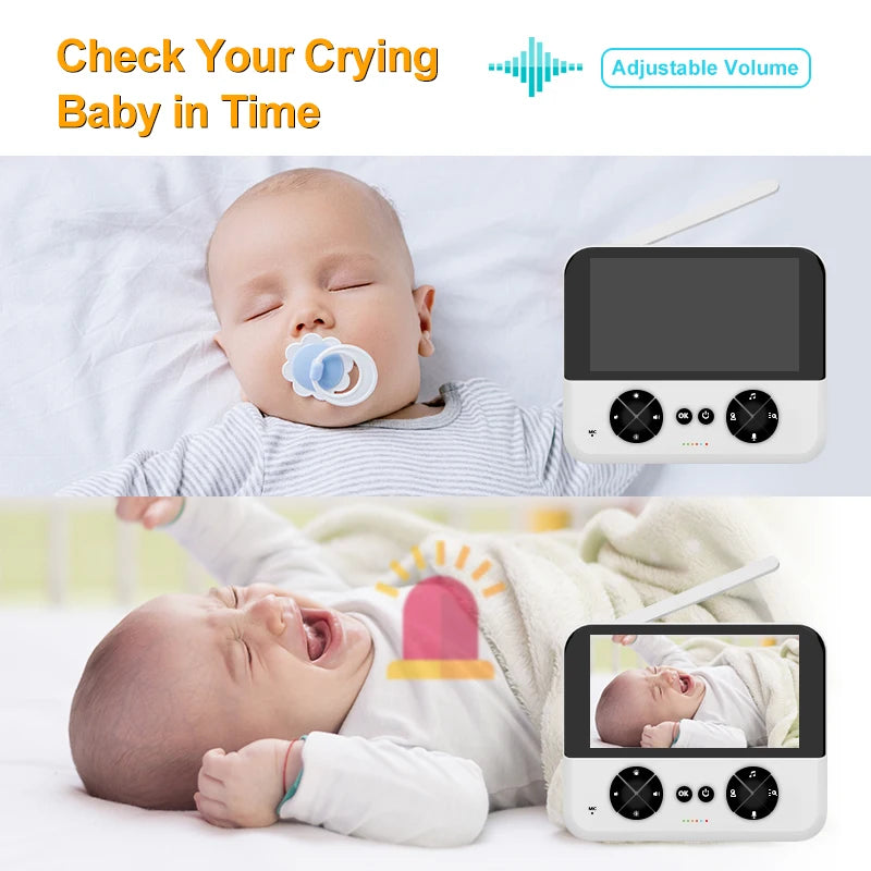 Split image showing a sleeping baby with a pacifier and a crying baby. A baby monitor displays each scene. Text reads, "Check Your Crying Baby in Time" with "Adjustable Volume" icon.