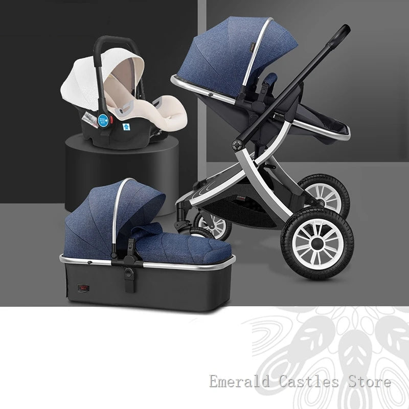 Blue and black stroller with interchangeable bassinet and infant car seat displayed on a gray background. The stroller features a sleek design with large wheels.
