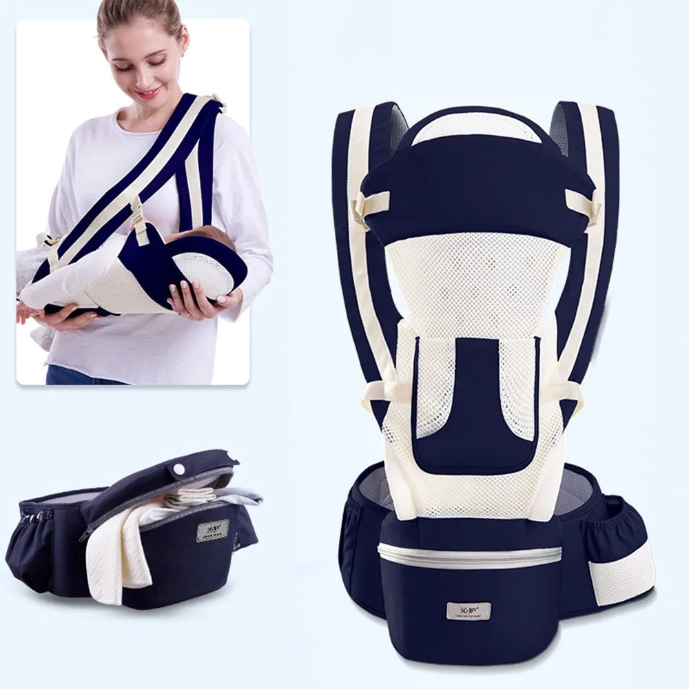 Blue and beige baby carrier with mesh design, showing a woman wearing it with a baby. Additional features include a detachable pouch and adjustable straps for comfort.
