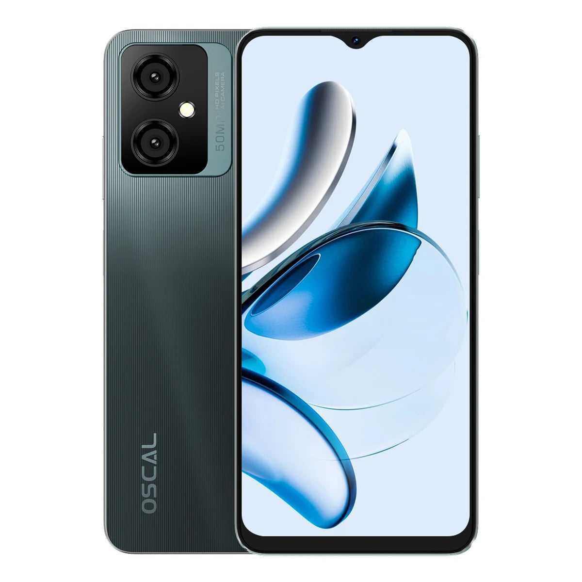 Sleek smartphone with dual rear cameras, 50MP main lens, and a textured gray back. Display shows abstract blue and white design. Brand "Oscal" visible on the back.