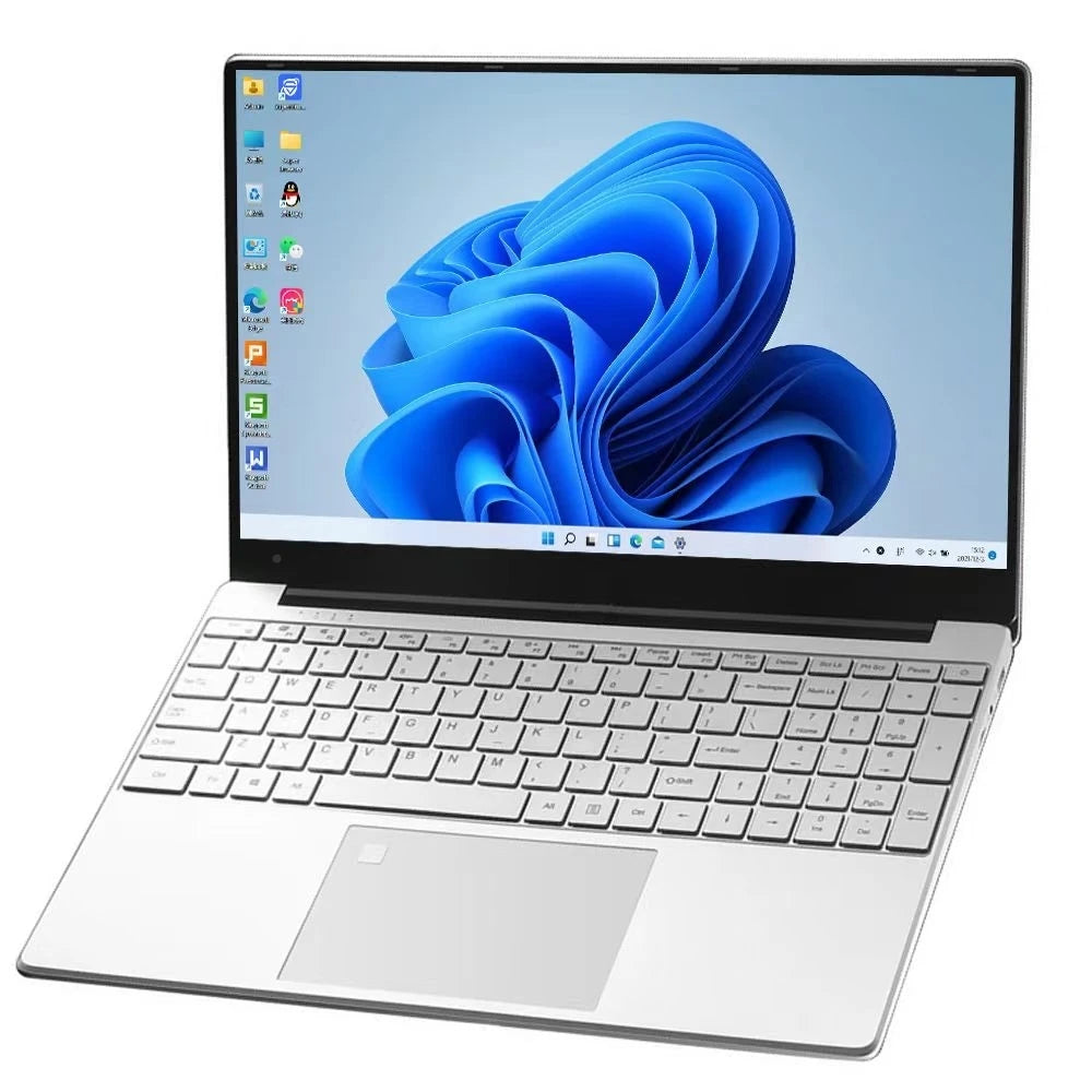 Silver laptop with a backlit keyboard and a Windows 11 home screen displaying a blue abstract swirl design. The laptop is viewed at an angle, showing thin bezels.