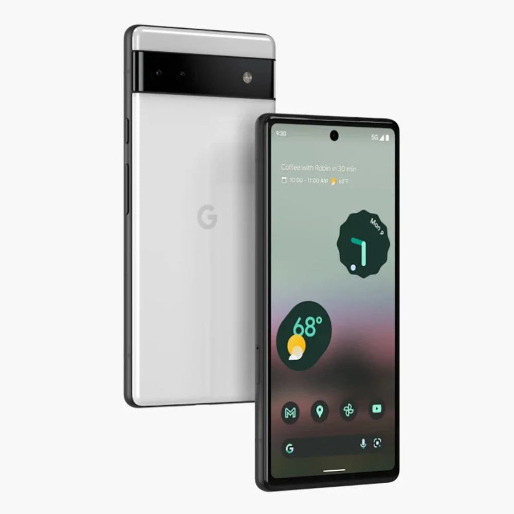 Two smartphones are shown, one front-facing with the screen displaying weather and app icons, and the other rear-facing, highlighting the camera bar and logo.