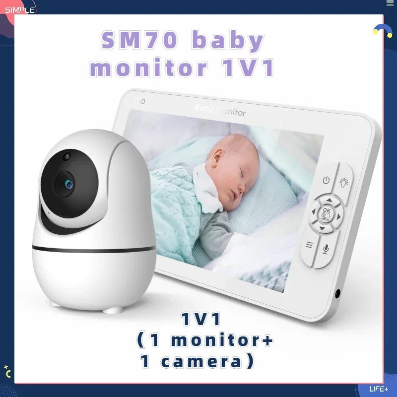 White SM70 baby monitor with a camera and screen showing a sleeping baby. Text reads "SM70 baby monitor 1V1" and "1 monitor + 1 camera" in light purple and blue.