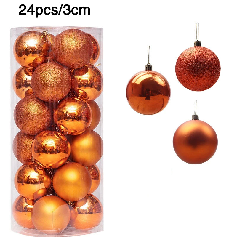 Clear plastic container with 24 orange Christmas ornaments, some glittery, some shiny. The balls measure 3cm each, perfect for festive decorations.