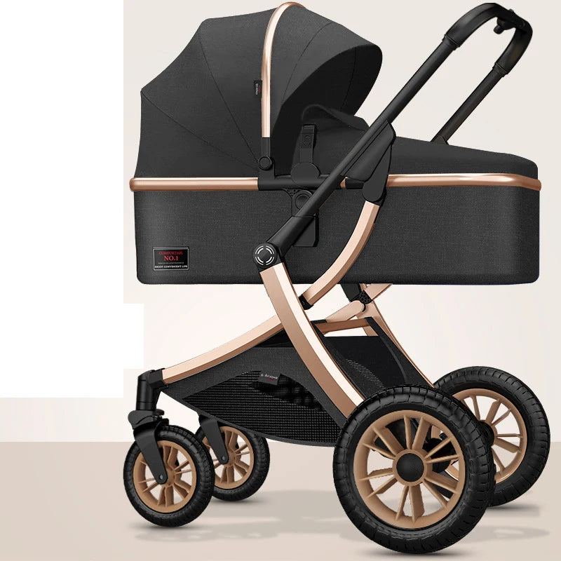 Elegant black and bronze baby stroller with large wheels, ergonomic handle, and sleek modern design. It features a spacious, covered bassinet for infant comfort and safety.
