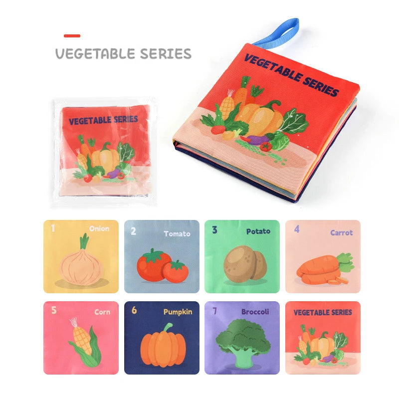 Children’s cloth book titled "Vegetable Series" with images of vegetables like onion, tomato, potato, carrot, corn, pumpkin, and broccoli on colorful pages.