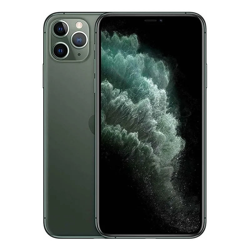 Front and back view of a smartphone in dark green. It features a triple camera setup and a display showing a dynamic, abstract image with swirling shades of green and black.
