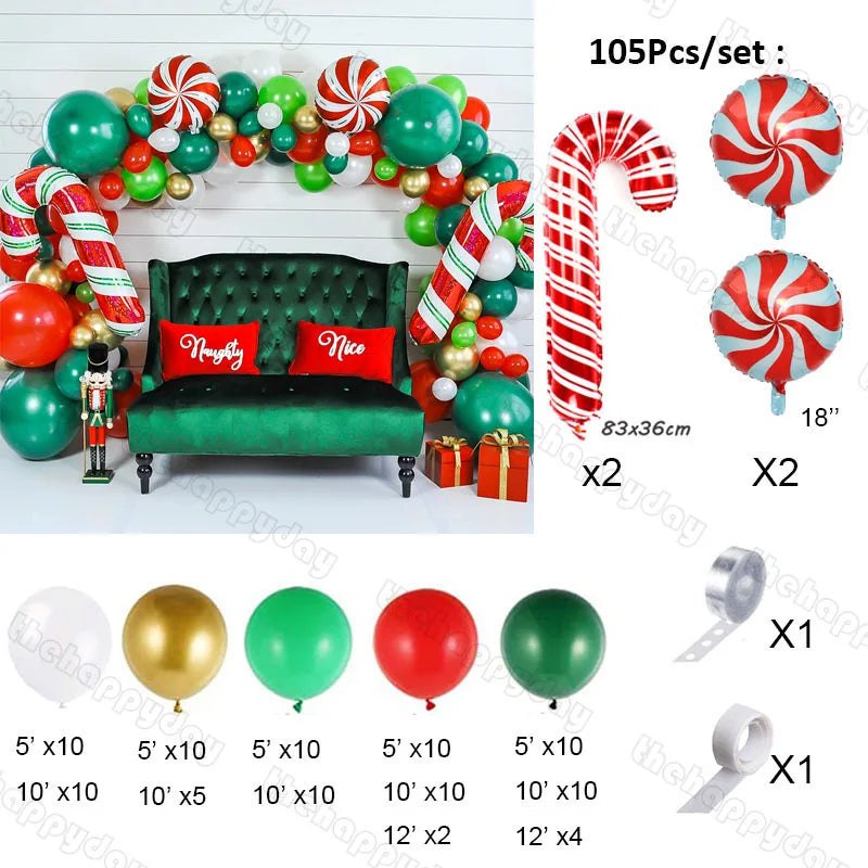Christmas-themed balloon set with a green sofa, red "Naughty" and "Nice" pillows, candy canes, peppermint spirals, and assorted balloons in red, green, white, and gold.