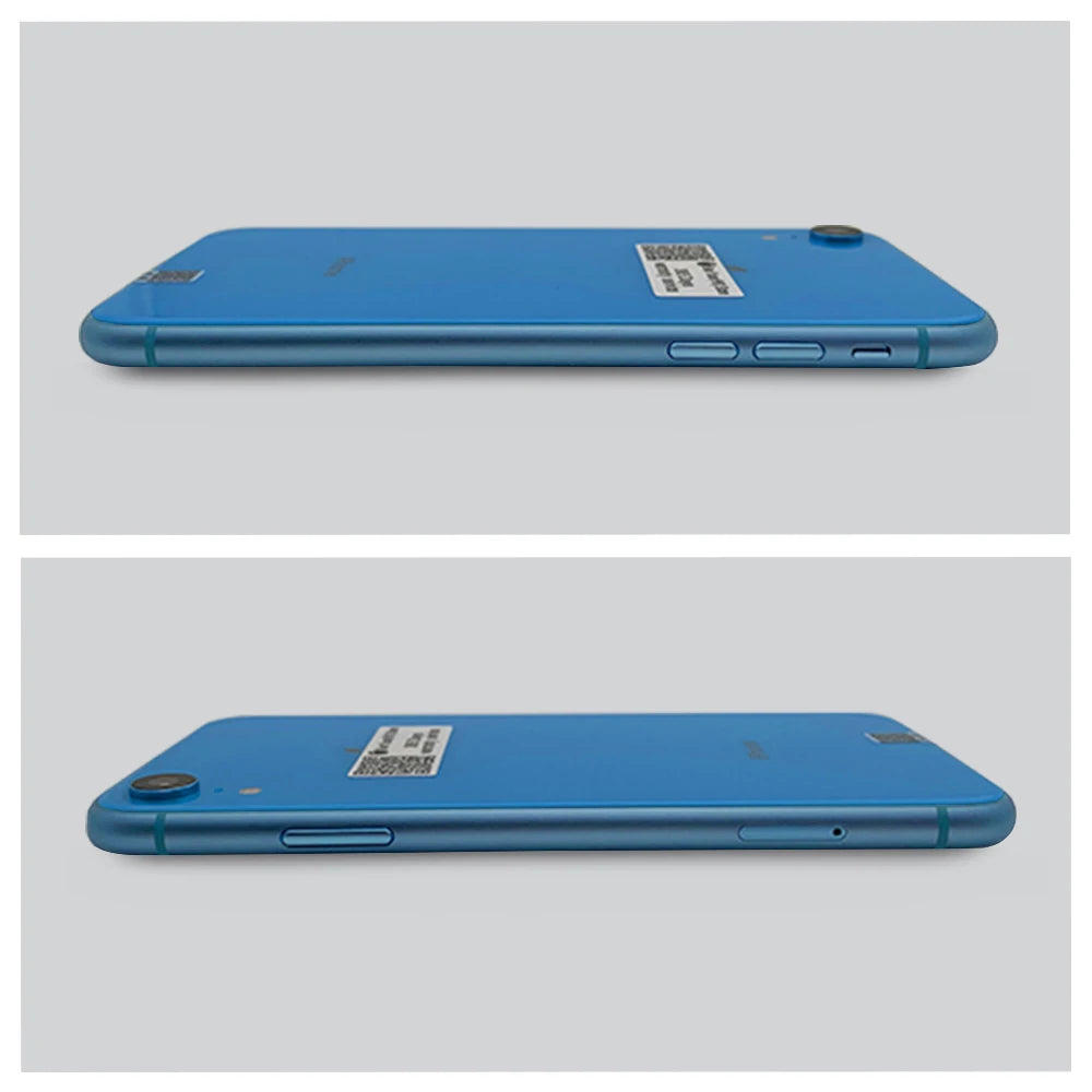 Two images showing a blue smartphone from the side. The top image highlights buttons, while the bottom one shows a SIM tray slot and camera protrusion, all against a gray background.