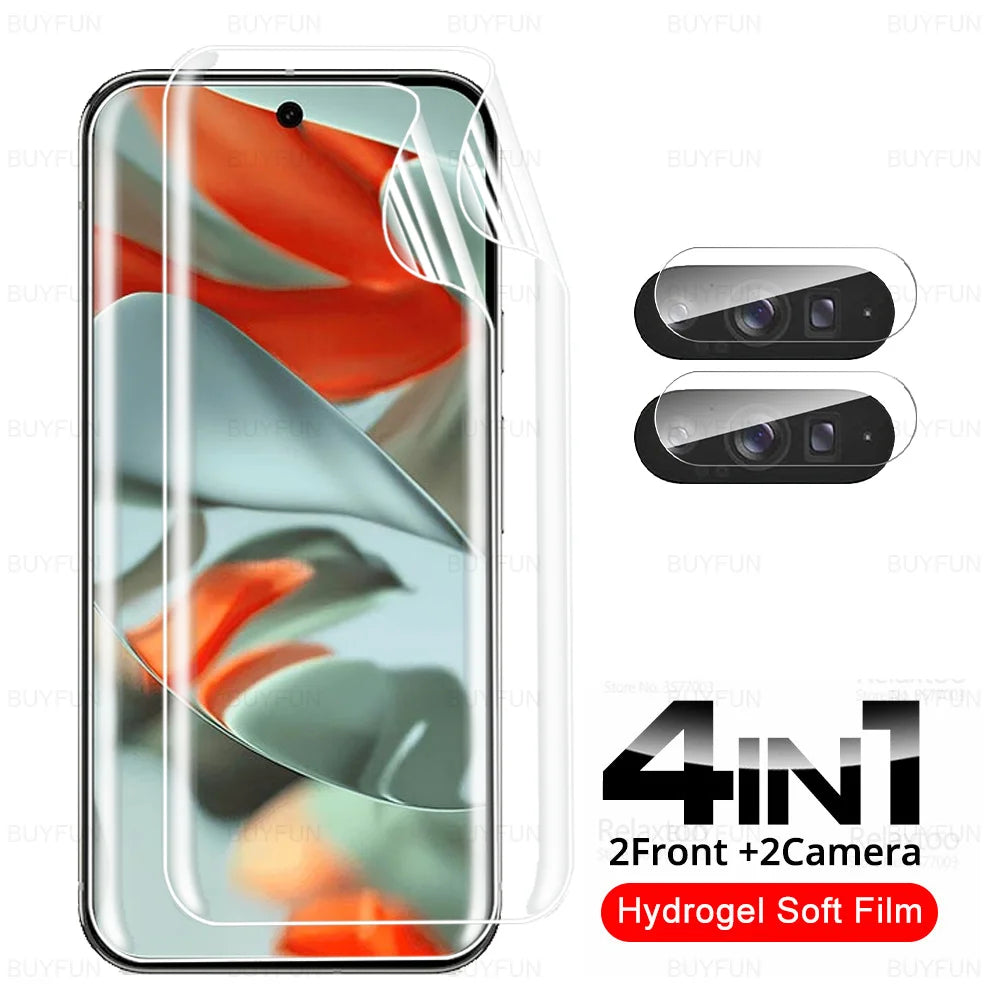Clear phone screen protector and two camera lens protectors. Text: "4 in 1, 2 Front + 2 Camera, Hydrogel Soft Film." Background has abstract red and gray design.