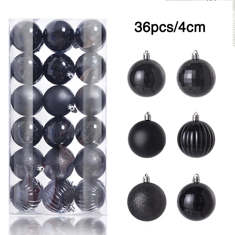 A pack of 36 black Christmas baubles in various designs, including glossy, matte, and textured. Each bauble is 4cm in diameter, presented in a transparent box.