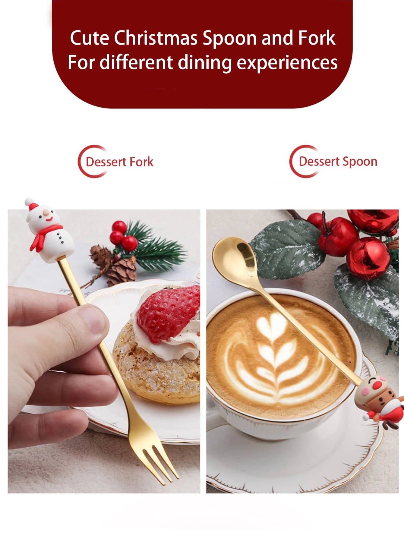 Golden dessert fork and spoon with snowman handles. Fork with pastry and strawberry, spoon with latte art. Christmas decor accents.