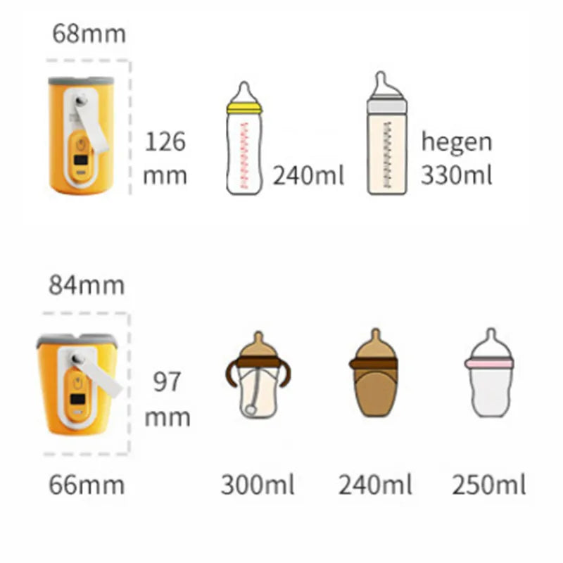 Diagram comparing two yellow devices with bottle icons. Top device is 68mm by 126mm, fitting 240ml and 330ml bottles. Bottom is 66mm by 97mm, accommodating 300ml, 240ml, 250ml bottles.