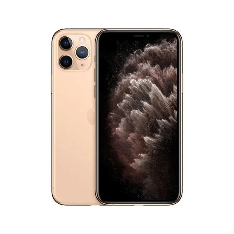 Gold smartphone with a triple camera on the back and a black front screen displaying a swirling abstract design. The phone is shown from both front and rear angles.