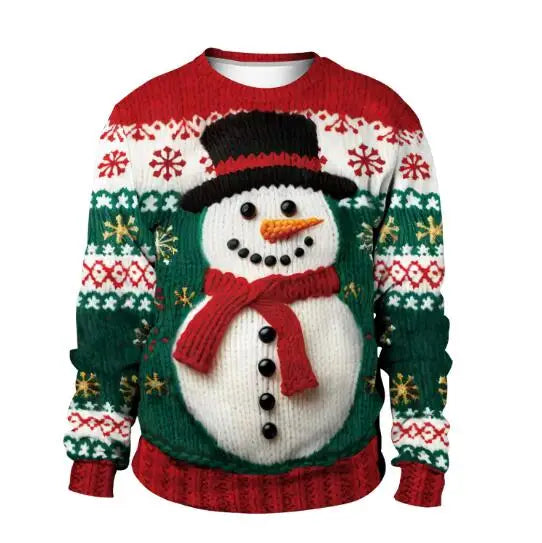 Festive sweater featuring a snowman with a carrot nose, black buttons, and a red scarf. Background has red, green, and white patterns with snowflakes and stars.