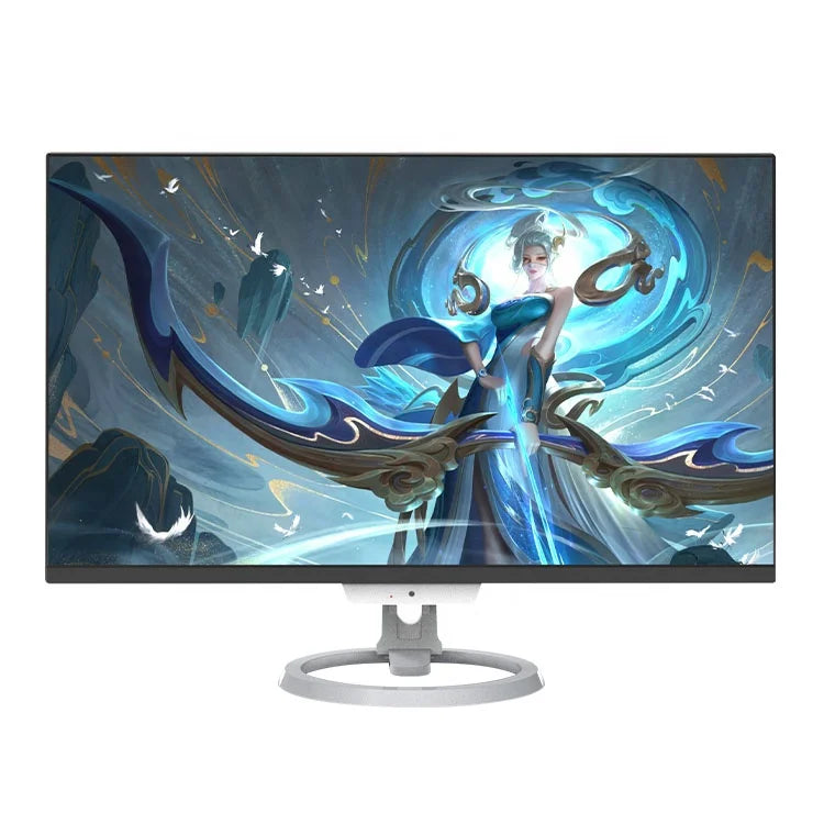 A widescreen monitor displays a vibrant fantasy scene with an ethereal woman in blue, surrounded by swirls of magic and floating islands, illustrating a sense of mystical elegance.
