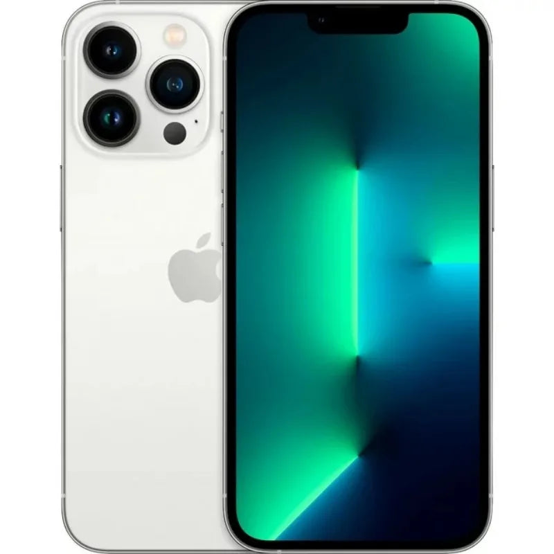 A sleek smartphone with a bright, vibrant screen displaying a teal abstract design. The rear features a triple camera setup and a subtle logo below the cameras.