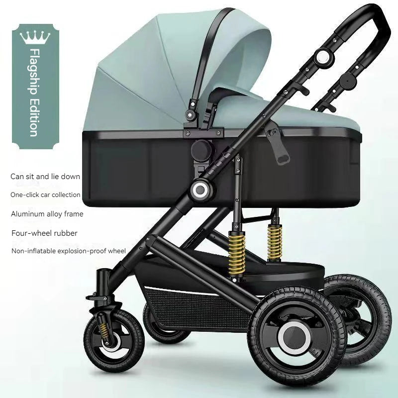 A stylish baby stroller with an aluminum alloy frame, light blue canopy, and black base. Features include adjustable seating, one-click folding, rubber wheels, and suspension springs.