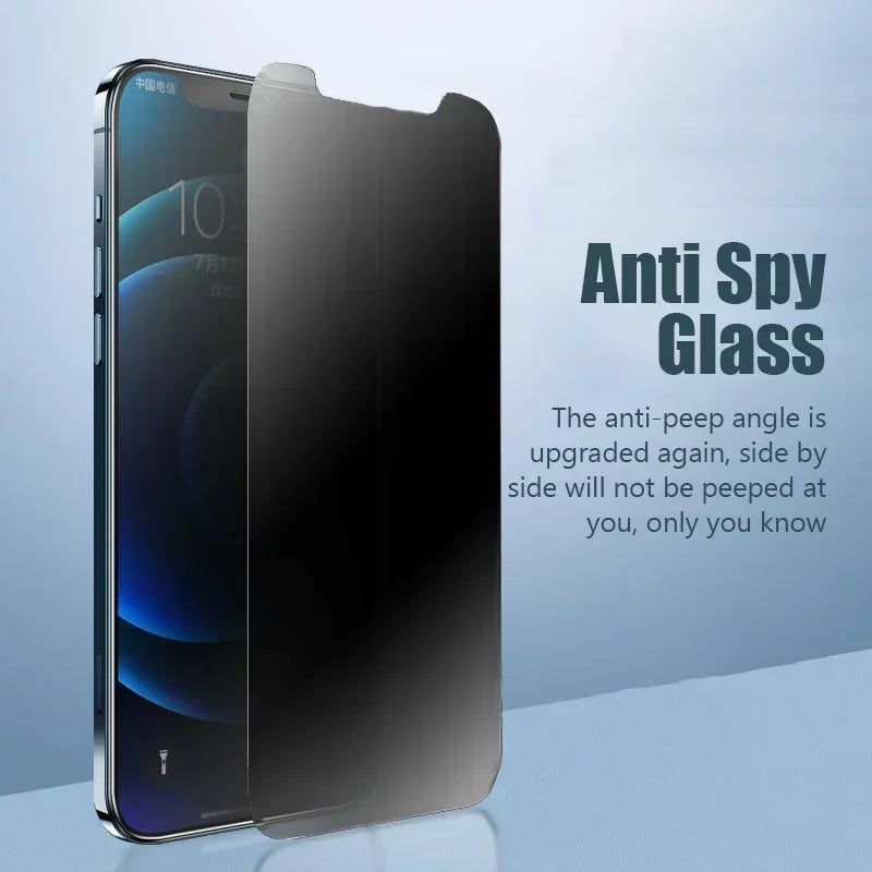 Smartphone with a privacy screen protector labeled "Anti Spy Glass." Text highlights upgraded anti-peep features, ensuring privacy from side views, with a sleek design.