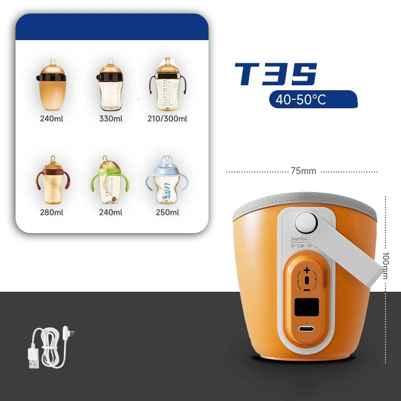 Image shows an orange bottle warmer with dimensions 75mm by 100mm. Six baby bottles of varying capacities (210ml to 330ml) are shown alongside, with a USB charging cable below. Temperature range is 40-50°C.