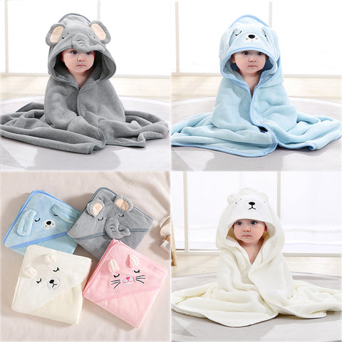 Four images of babies wrapped in animal-themed hooded towels. Towels include gray mouse, blue bear, and white bear designs. Additional folded towels show blue, gray, pink, and cream colors.