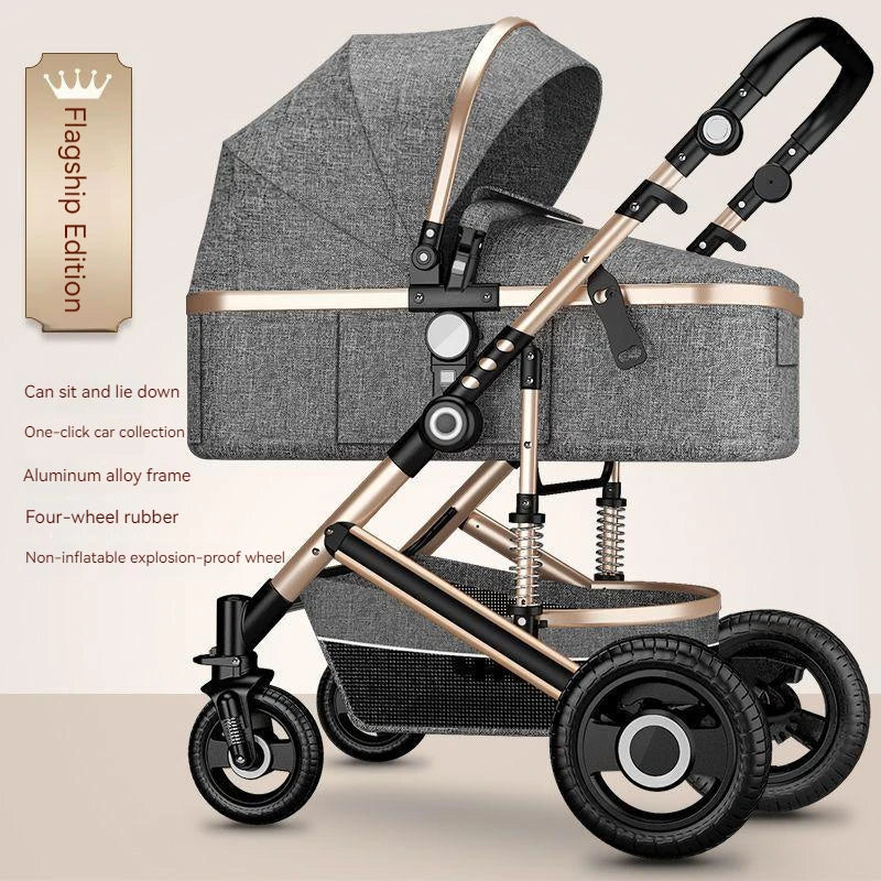 Gray baby stroller with an aluminum alloy frame, adjustable seat, and non-inflatable rubber wheels. Features include one-click car collection and explosion-proof wheels. Flagship Edition.