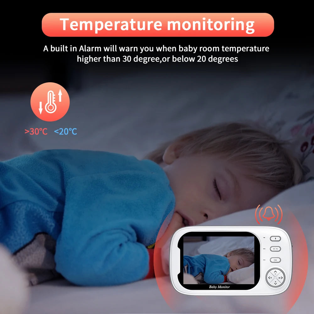 A sleeping child is shown on a baby monitor screen. Text highlights temperature monitoring, with alarms for room temperatures above 30°C or below 20°C.