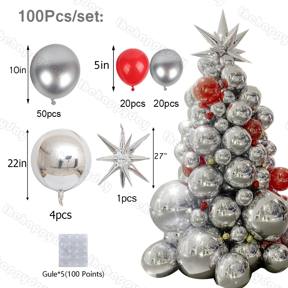 Balloon set for a festive tree includes 50 silver 10in balloons, 20 red 5in balloons, 20 silver 5in balloons, 4 silver 22in balloons, 1 silver star, and adhesive dots.