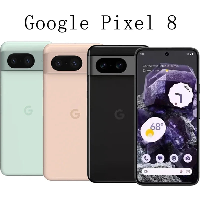Three Google Pixel 8 phones in mint, peach, and black, showcasing the back cameras. The black phone's screen displays a weather app and a "Coffee with Robin" reminder.