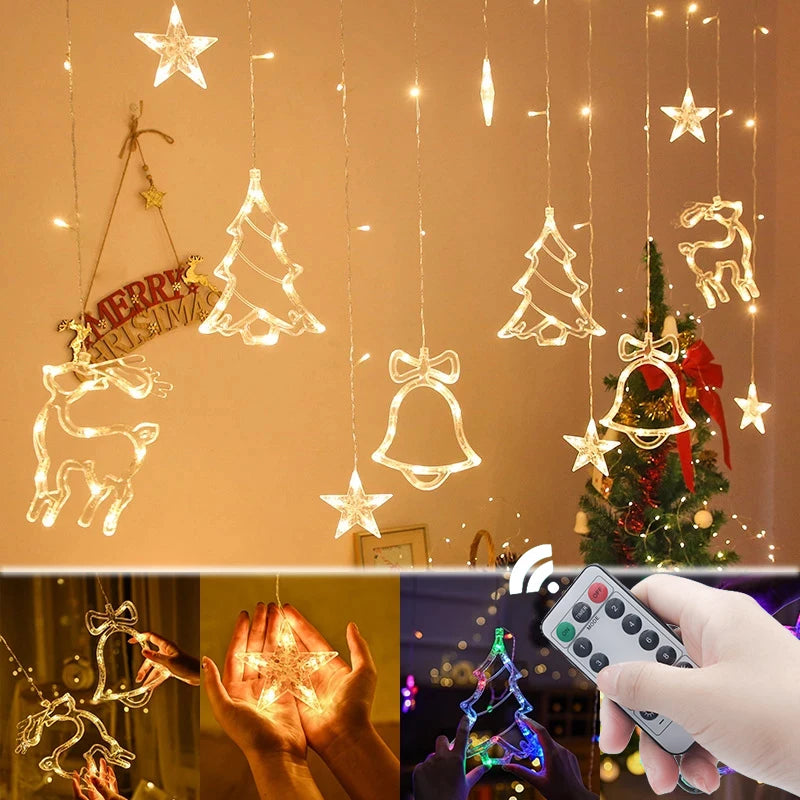 Hanging illuminated Christmas decorations including stars, trees, bells, and reindeer with warm lights. Bottom images show hands holding a remote and colorful decorations.