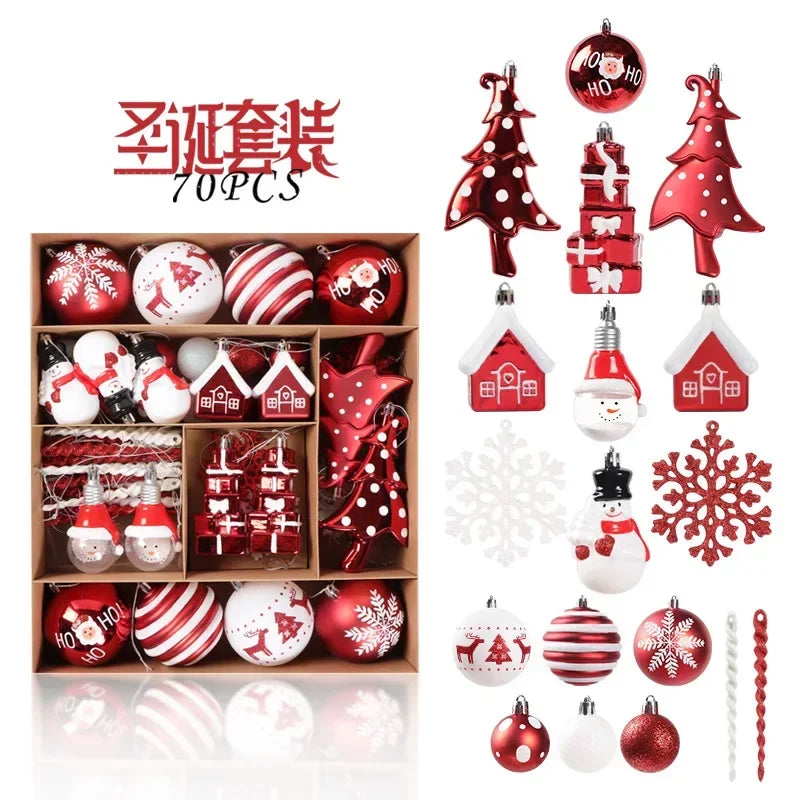 A 70-piece set of red and white Christmas ornaments, including baubles, snowflakes, Santa, snowmen, trees, gift boxes, and house shapes, displayed in a box and arranged decoratively.