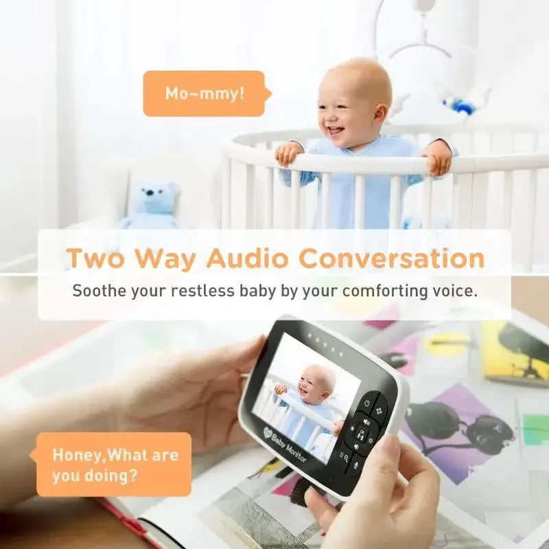 A baby in a crib smiles, with "Mo-mmy!" text. Below, hands hold a baby monitor screen showing the baby, with "Honey, What are you doing?" text. Promotes two-way audio conversation.