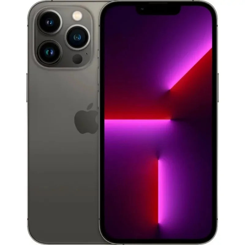 Sleek smartphone with a black finish, featuring a triple-lens camera and a vibrant display showing a purple and red abstract geometric design.
