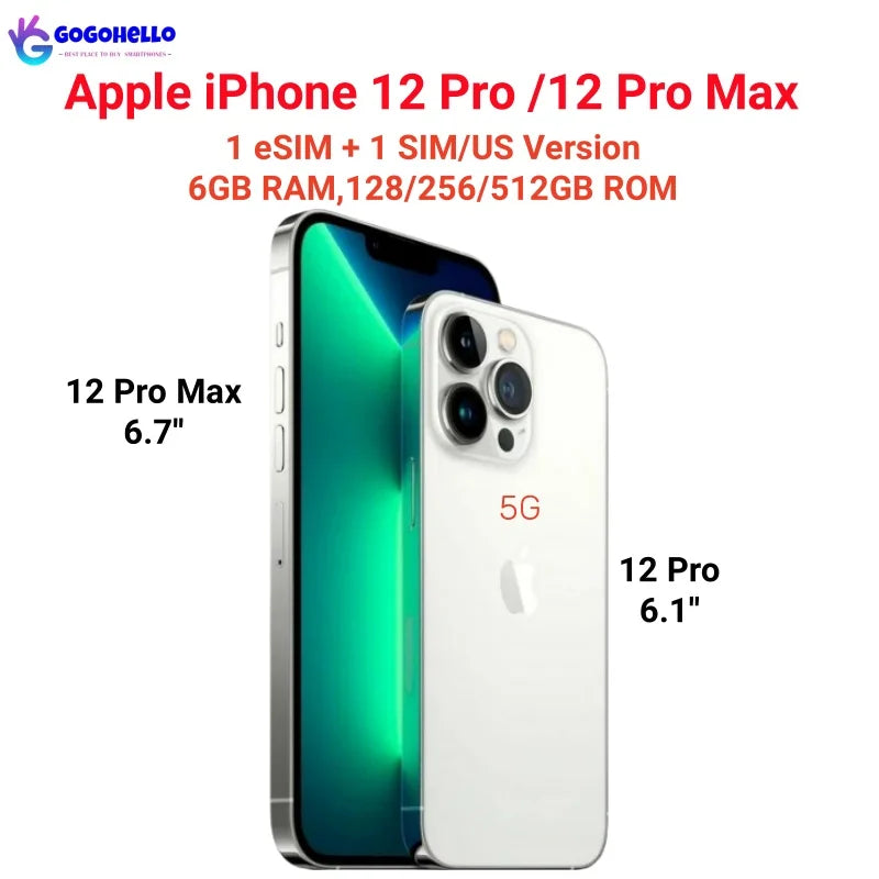 Image of Apple iPhone 12 Pro and 12 Pro Max in silver, showing back and front. Text highlights features like 5G, dual SIM, sizes (6.1" and 6.7"), 6GB RAM, up to 512GB storage.