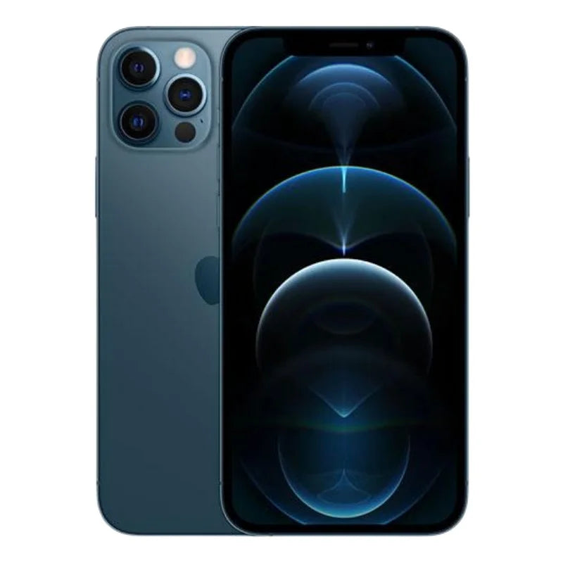 Blue smartphone with triple rear cameras and a dark screen displaying abstract light patterns. The phone is shown from the front and back against a white background.