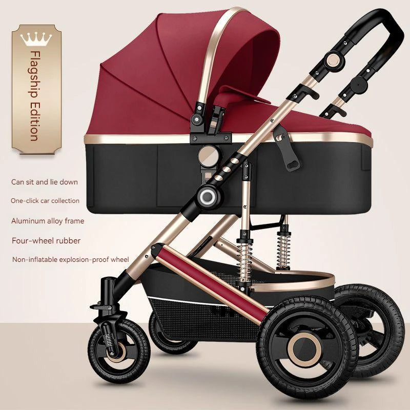Red and black baby stroller with a reclining seat and adjustable handle. It features an aluminum alloy frame and non-inflatable rubber wheels. Text reads: "Flagship Edition."