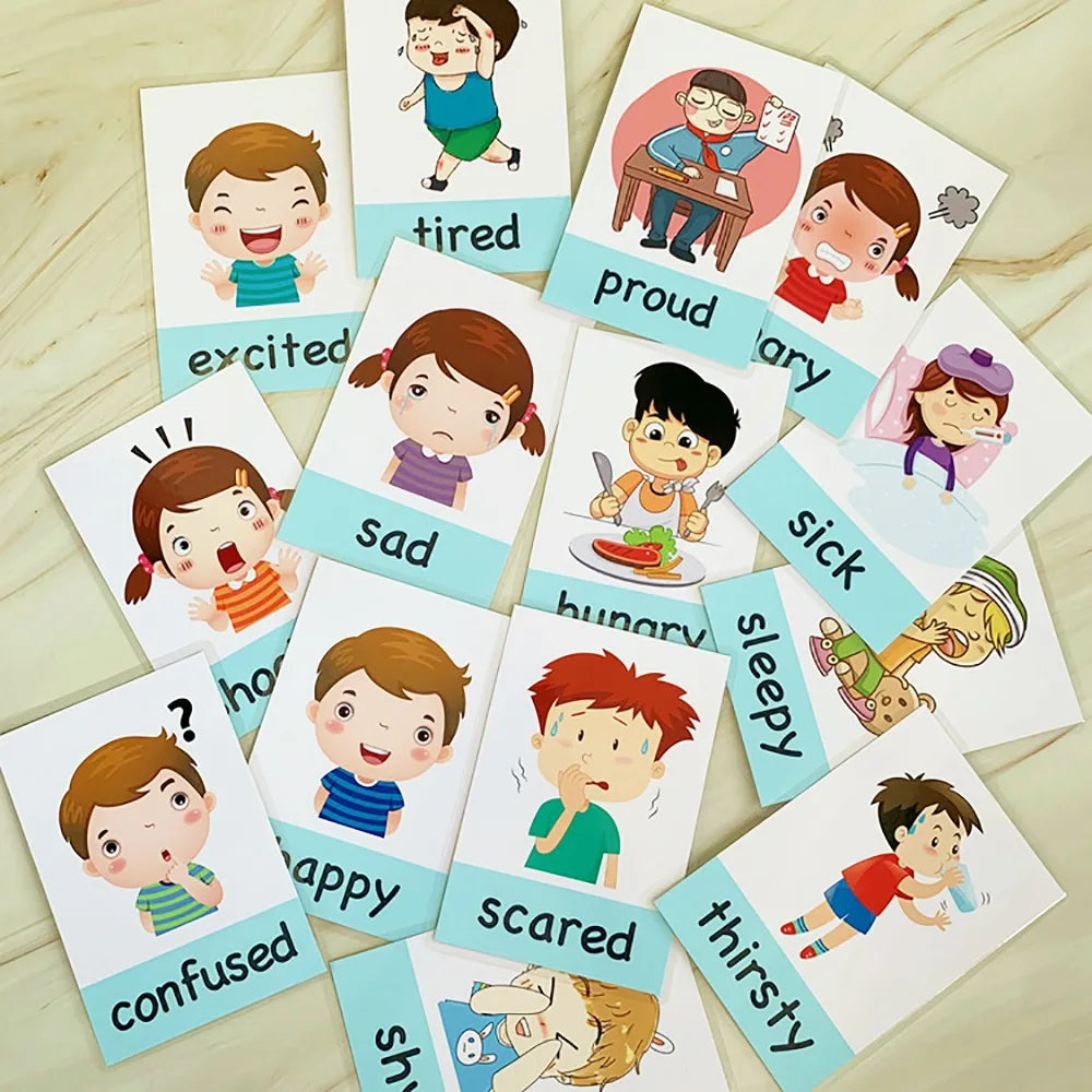 A collection of illustrated flashcards depicting various emotions and states, including excited, tired, proud, angry, sad, hungry, sleepy, confused, happy, scared, sick, and thirsty.