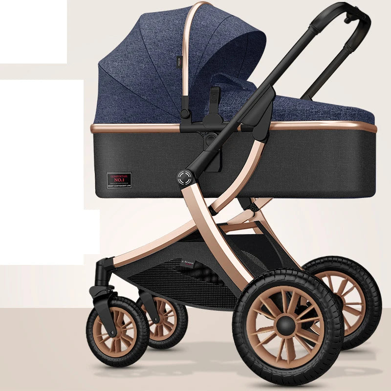 Luxurious baby stroller with a dark blue canopy and black bassinet on a gold frame. It features four large black wheels with gold rims and an adjustable handlebar.
