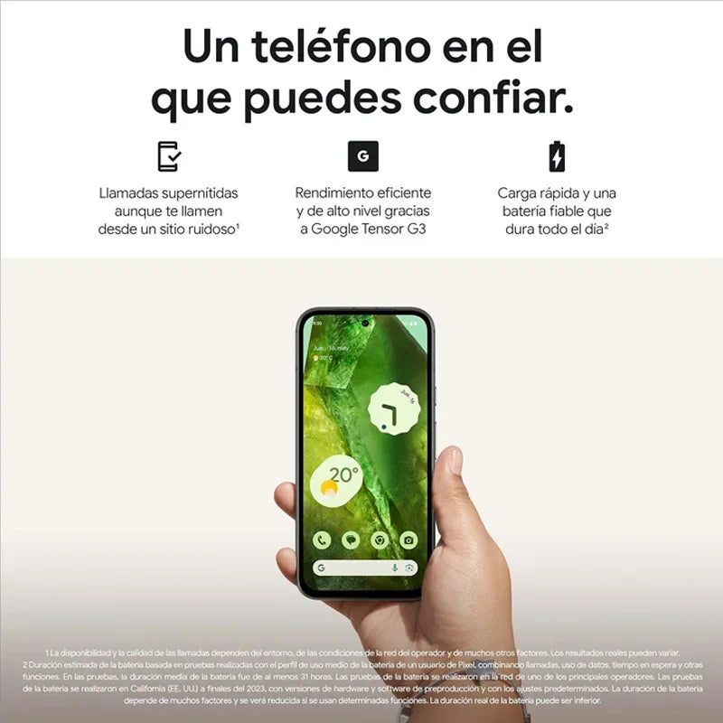 Hand holding a smartphone against a beige background. Text above highlights features: clear calls, efficient performance with Google Tensor G3, and long-lasting battery.
