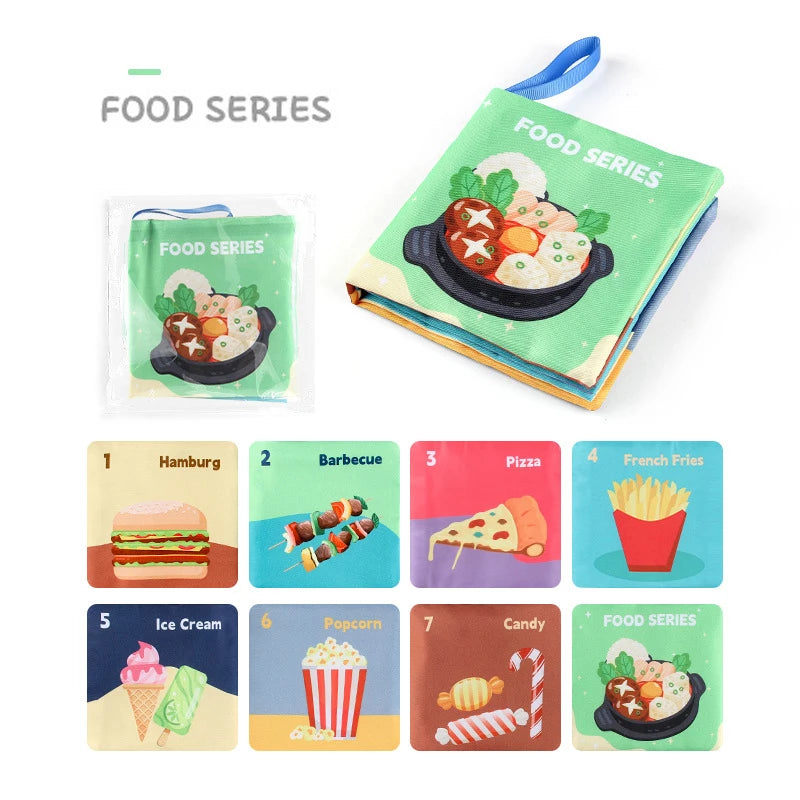 Illustrated book titled "Food Series" with cover image of a colorful meal. Features pages on hamburgers, barbecue, pizza, fries, ice cream, popcorn, and candy, each with an illustration.