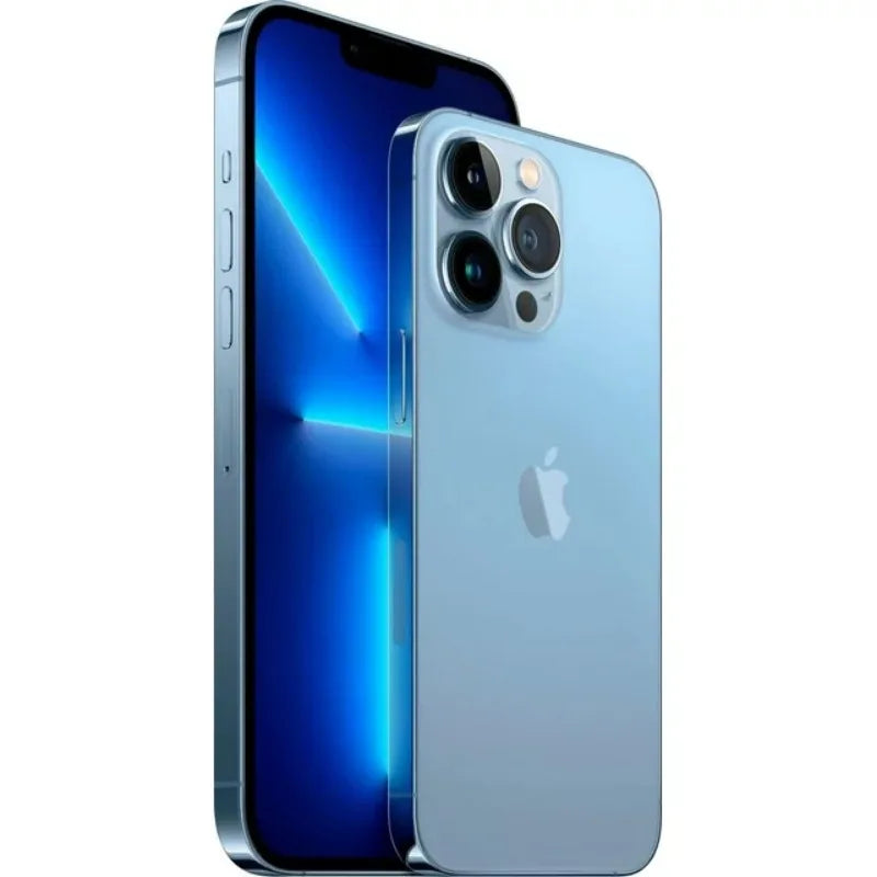 Blue smartphone front and back, displaying triple rear cameras and side buttons. The screen shows a glowing abstract background, with a sleek and modern design.