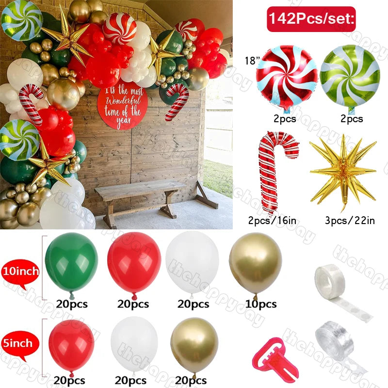 Festive balloon decoration set with 142 pieces includes red, green, white balloons, candy cane and star shapes. Perfect for holiday celebrations with a rustic wooden backdrop.