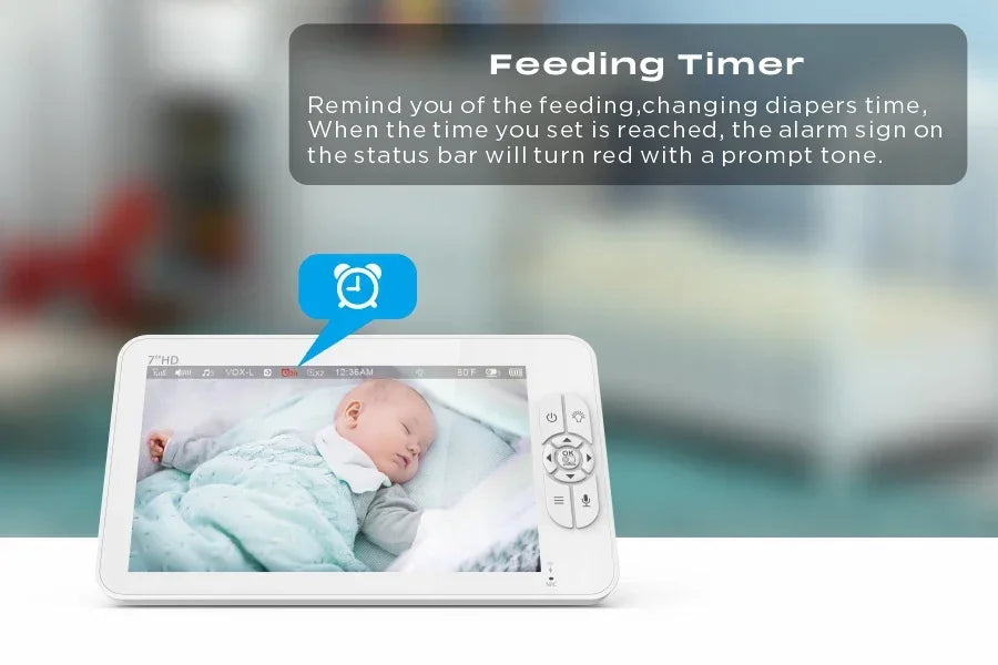 A baby monitor screen displays a sleeping infant. Above, text describes a feeding timer feature, alerting users with a red alarm and tone for feeding and diaper changes.